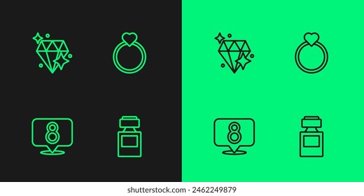Set line Perfume, 8 March, Diamond and engagement ring icon. Vector