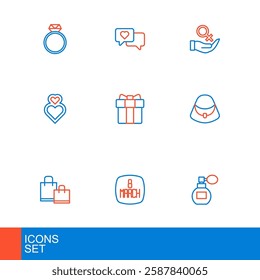 Set line Perfume, 8 March, Paper shopping bag, Handbag, Heart, Gift box heart, Female gender symbol and speech bubble icon. Vector