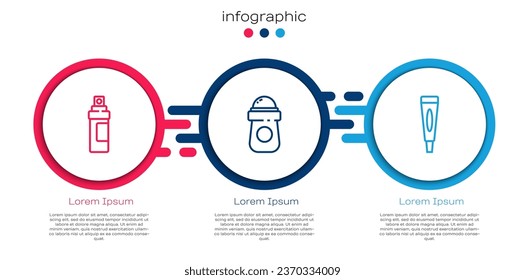 Set line Perfume, Antiperspirant deodorant roll and Cream lotion cosmetic tube. Business infographic template. Vector