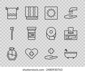 Set Linie Parfüm, Badewanne, Kondom im Paket Safer Sex, Herz mit Kreuz, Handtuchhalter, Medizinflasche, Cross Krankenhaus Medical und Feuchtwischsymbol. Vektorgrafik