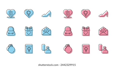 Set line Perfume, Book about women, Heart with 8 March, Diamond engagement ring, Gift box and heart, Envelope, Handbag and Female gender icon. Vector