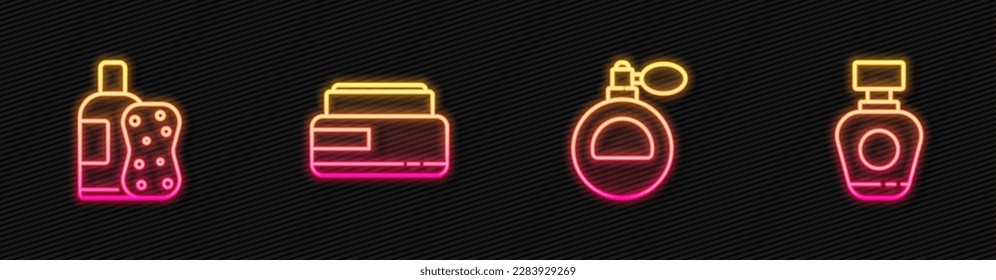 Set line Perfume, Bottle of shampoo and sponge, Cream or lotion cosmetic tube and . Glowing neon icon. Vector