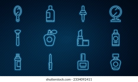 Set line Perfume, Bottle of shampoo, Pipette, Makeup brush, Hand mirror, Lipstick and  icon. Vector