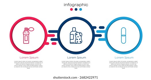 Definir linha Perfume, Garrafa de xampu e esponja e arquivo de prego. Modelo de infográfico comercial. Vetor