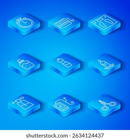 Set line Perfume, Bottle of water, Music player, Burning candle, Bathroom scales, Spa salt, Stopwatch and Scissors icon. Vector