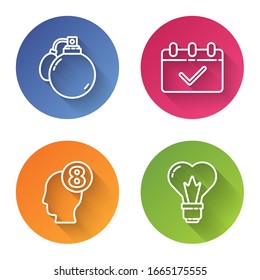 Set line Perfume, Calendar with 8 March, 8 March in human head and Heart shape in a light bulb. Color circle button. Vector
