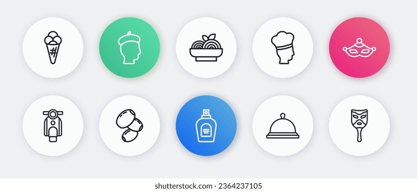 Set line Perfume, Carnival mask, Scooter, Covered with tray of food, Italian cook, Pasta spaghetti,  and Olives icon. Vector