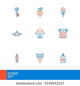 Set line Perfume, Carnival mask, French baguette bread, Ancient column, Ice cream in the bowl, waffle and Grape fruit icon. Vector