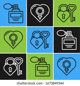 Set line Perfume, Castle and key in heart shape and Female gender in heart icon. Vector