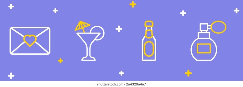 Set line Perfume, Champagne bottle, Martini glass and Envelope with 8 March icon. Vector