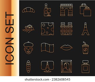 Set line Perfume, Coffee cup to go, Eiffel tower, Triumphal Arch, Cheese, Village landscape, Croissant and Notre Dame de Paris icon. Vector