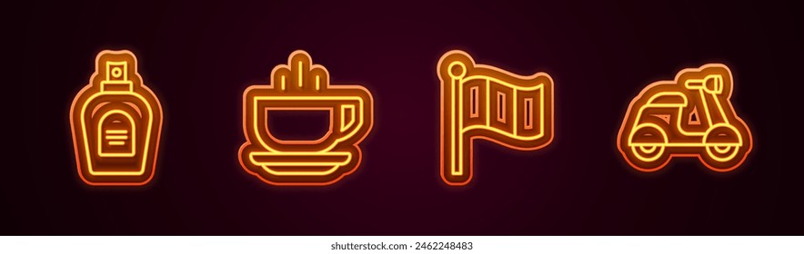 Set line Perfume, Coffee cup, Flag Italy and Scooter. Glowing neon icon. Vector