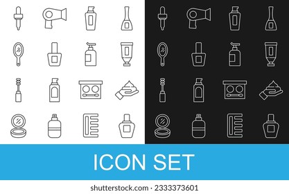 Set line Perfume, Cream or lotion cosmetic tube, Bottle of shampoo, Nail polish bottle, Hand mirror, Pipette and  icon. Vector