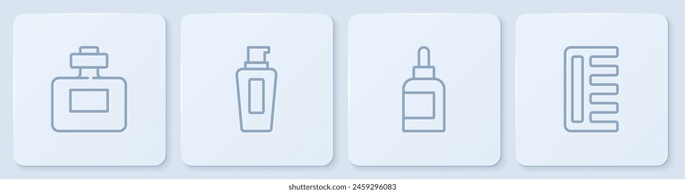 Set line Perfume, Cream or lotion cosmetic tube, Bottle of shampoo and Hairbrush. White square button. Vector