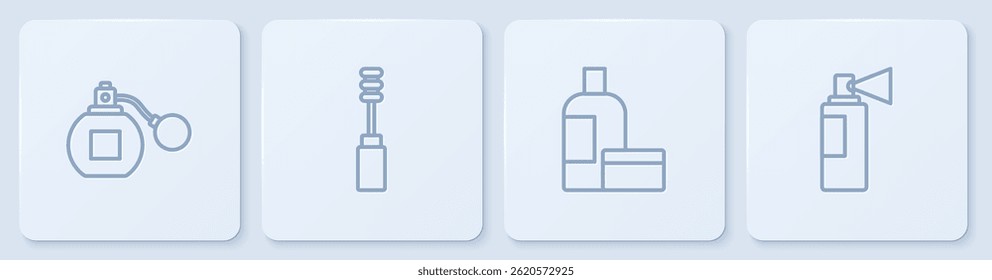 Linha Set Perfume, Creme ou loção tubo cosmético, escova de rímel e . Botão quadrado branco. Vetor