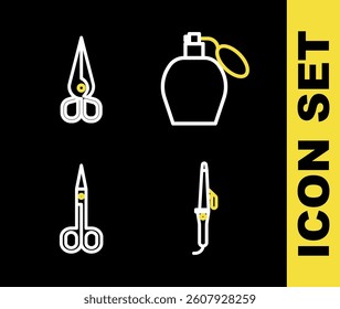 Set line Perfume, Curling iron, Scissors and  icon. Vector