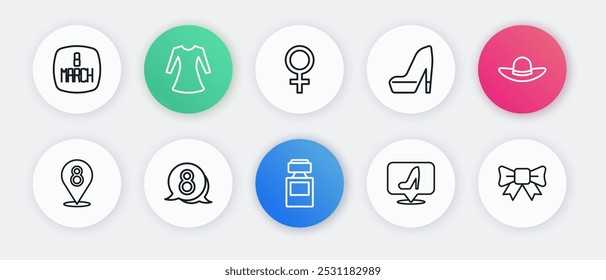 Set line Perfume, Elegant women hat, 8 March, Woman shoe, Female gender symbol, Gift bow and in speech bubble icon. Vector