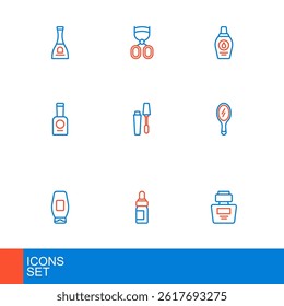 Set line Perfume, Essential oil bottle, Bottle of shampoo, Hand mirror, nail polish, Mascara brush,  and Eyelash curler icon. Vector