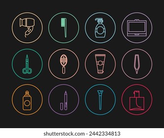 Set line Perfume, Eyebrow tweezers, Bottle of liquid soap, Hairbrush, Scissors, dryer, Lotion cosmetic tube and  icon. Vector