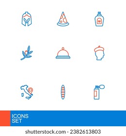 Set line Perfume, French baguette bread, Map of Italy, man, Olives branch, Covered with tray food,  and Slice pizza icon. Vector