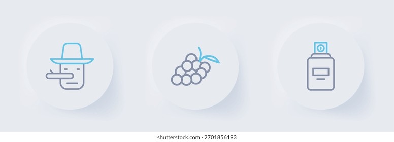 Set line Perfume, Fruta de uva e icono de Pinocho. Vector