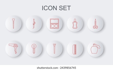 Set line Perfume, Hair dryer, Makeup powder with mirror, Hairbrush, Curling iron,  and  icon. Vector