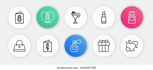 Set line Perfume, Handbag, Gift box heart, Lipstick, Martini glass, Heart and Greeting card with 8 March icon. Vector