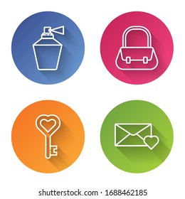 Set line Perfume, Handbag, Key in heart shape and Envelope with 8 March. Color circle button. Vector