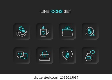 Set line Perfume, Heart with 8 March, Handbag, in speech bubble, Coffee cup heart and Female gender symbol icon. Vector