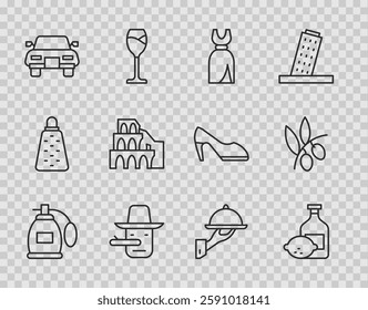 Set line Perfume, Limoncello bottle, Woman dress, Pinocchio, Car, Coliseum Rome, Covered with tray of food and Olives branch icon. Vector