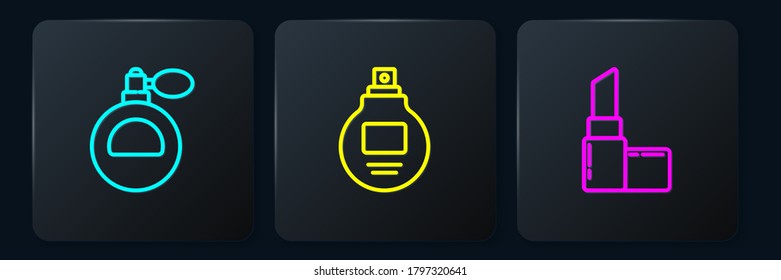 Set line Perfume, Lipstick and . Black square button. Vector