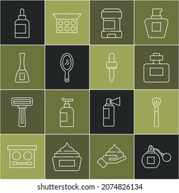 Set line Perfume, Makeup brush, Antiperspirant deodorant roll, Hand mirror, Nail polish bottle, Cream lotion cosmetic tube and Pipette icon. Vector