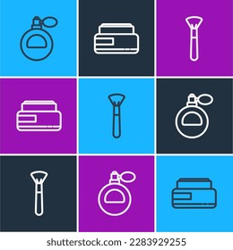 Set line Perfume, Makeup brush and Cream or lotion cosmetic tube icon. Vector