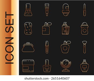 Perfume, cepillo de maquillaje, rollo de desodorante antitranspirante, esponja con burbujas y crema de loción icono de tubo cosmético. Vector