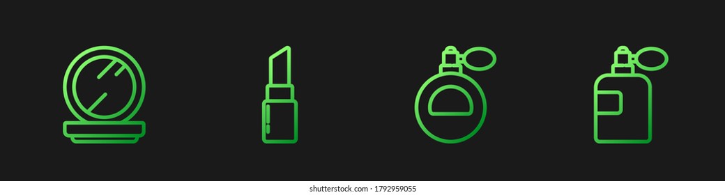 Set line Perfume, Makeup powder with mirror, Lipstick and . Gradient color icons. Vector