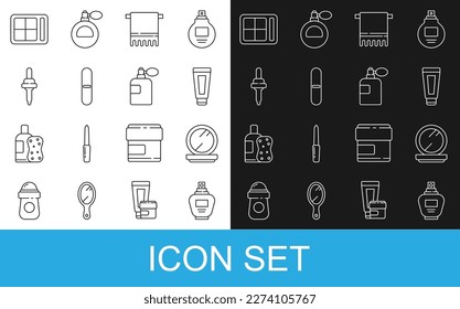 Set line Perfume, Makeup powder with mirror, Cream lotion cosmetic tube, Towel hanger, Nail file, Pipette, Eye shadow palette and  icon. Vector
