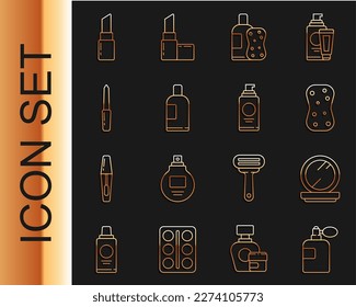 Set line Perfume, Makeup powder with mirror, Sponge bubbles, Bottle of shampoo and sponge, Nail file, Lipstick and Spray can for hairspray icon. Vector