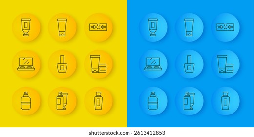 Set line Perfume, Makeup powder with mirror, Nail polish bottle, Bottle of shampoo, Cream lotion cosmetic tube, Acne and  icon. Vector