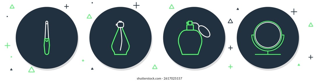 Set line Perfume, Nail file and Round makeup mirror icon. Vector