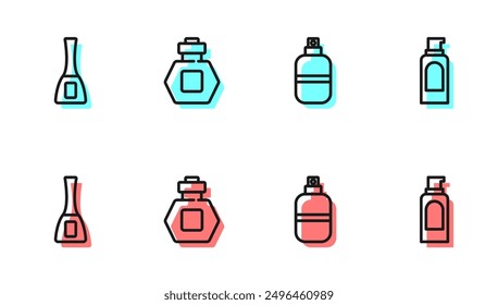 Set line Perfume, Nail polish bottle,  and Spray can for hairspray icon. Vector