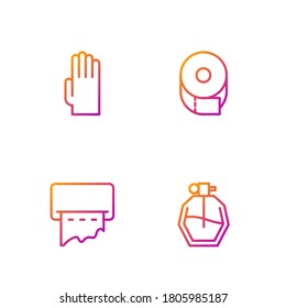 Set line Perfume, Paper towel dispenser on wall, Rubber gloves and Toilet paper roll. Gradient color icons. Vector