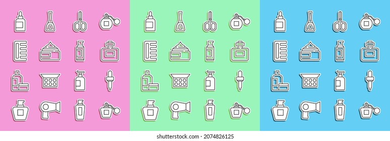 Set line Perfume, Pipette, Scissors, Cream lotion cosmetic tube, Hairbrush,  and Spray can for hairspray icon. Vector