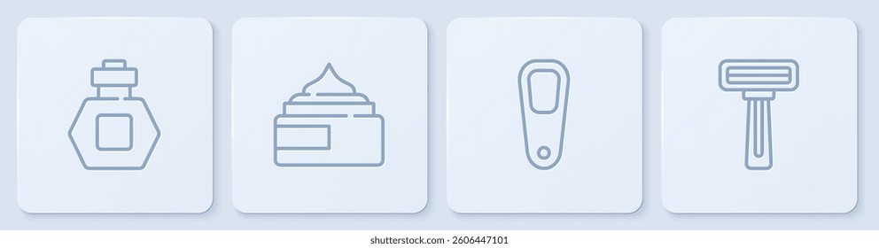 Set line Perfume, Pumice for feet, Cream lotion cosmetic tube and Shaving razor. White square button. Vector