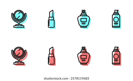 Set line Perfume, Round makeup mirror, Lipstick and Spray can for hairspray icon. Vector