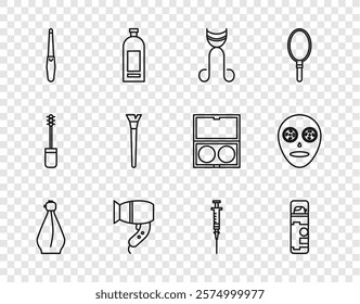 Set line Perfume, Shaving gel foam, Eyelash curler, Hair dryer, Nail file, Makeup brush, Syringe and Facial cosmetic mask icon. Vector