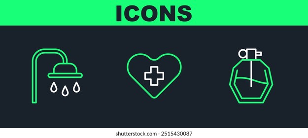 Set line Perfume, Shower head and Heart with cross icon. Vector