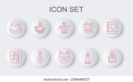 Set line Perfume, Speaker mute, Islamic teapot, Mosque tower or minaret, Turkish hat, Hookah, Lute and Pig icon. Vector