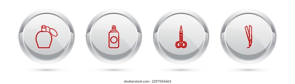Set line Perfume, Spray can, Scissors and Curling iron. Silver circle button. Vector