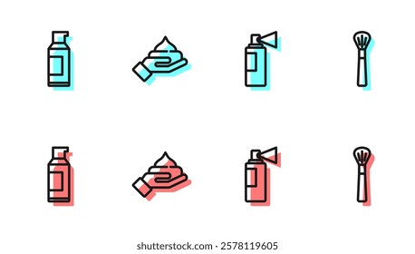 Set line Perfume, Spray can for hairspray, Cream lotion cosmetic tube and Makeup brush icon. Vector