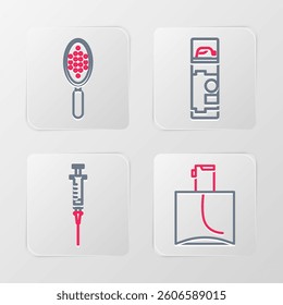 Set line Perfume, Syringe, Shaving gel foam and Hairbrush icon. Vector